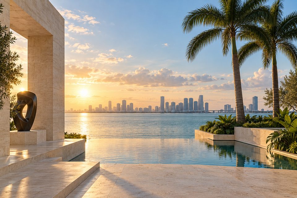 Original Miami-inspired art study of a travertine terrace, palms and a distant skyline across Biscayne Bay